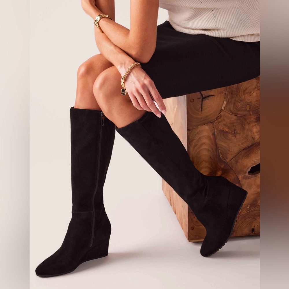 Anne Klein Black Suede Knee-High Boots with Wedge Heel, Women’s 9.5/10